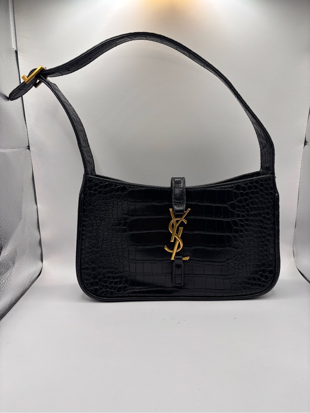 Saint Laurent Black Croc-Embossed Shoulder Bag with Gold YSL Hardware